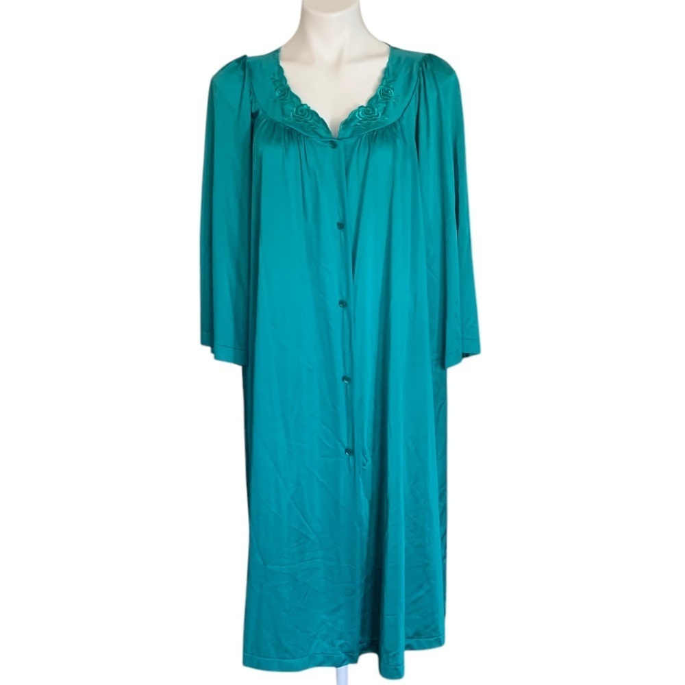 Vintage Shadowland Made in USA Teal Button Down Housecoat Gown Sz 2X